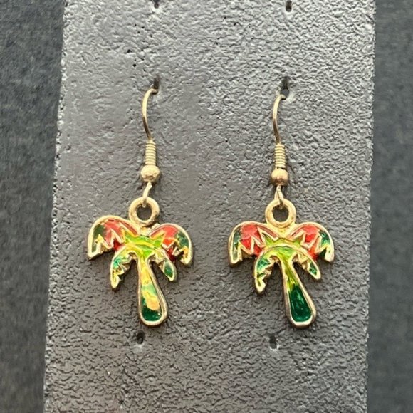 Dangle Pierced Earrings Trees Green Red Enamel Silver Hook Tropical Vacation - Picture 1 of 6